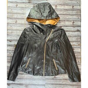 Giorgio Rotti Bayan linen soft leather hooded jacket size 16 5XL brown luxury